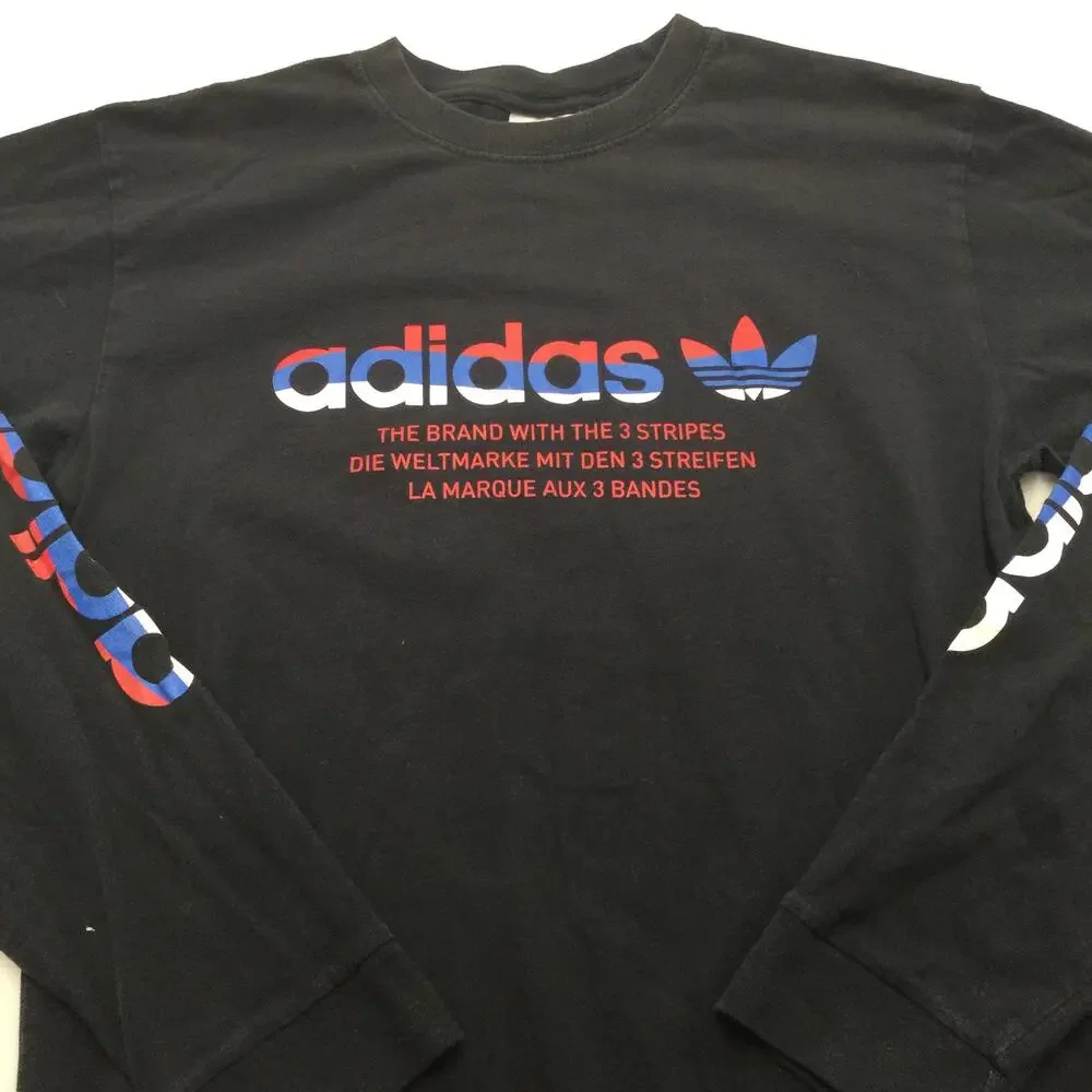 Adidas Shirt Mens Small Black Long Sleeve Trefoil Logo Graphic Tee Three Stripe